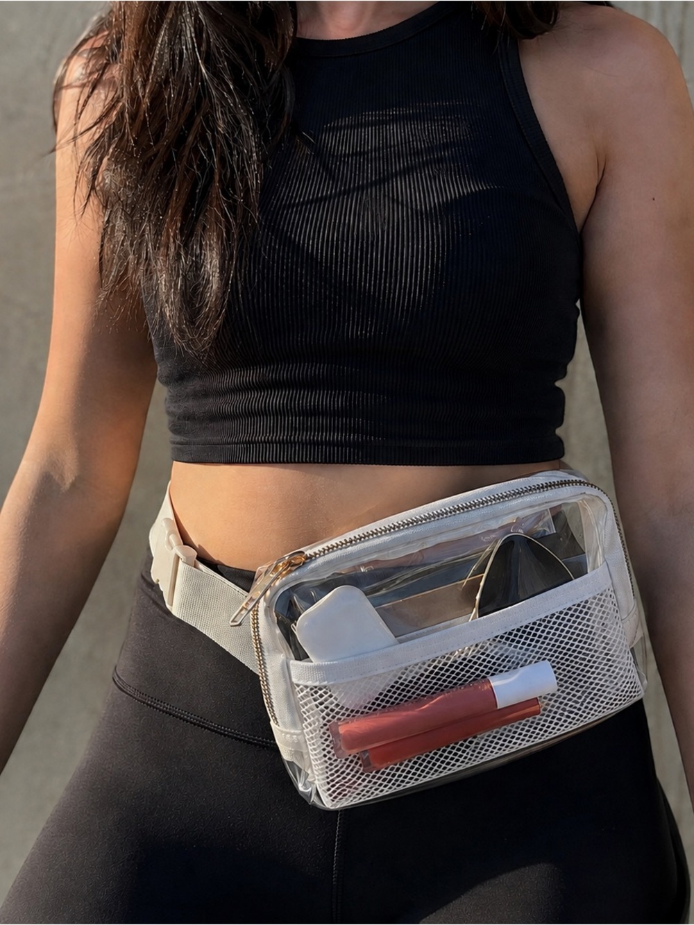 Clear Transparent Belt Bag with Dual Mesh Pockets Festival Crossbody